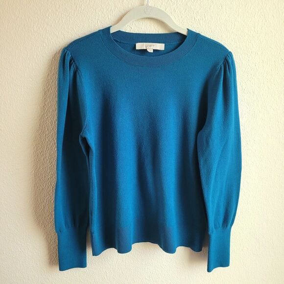Loft Sweater Medium Teal Puff Sleeve Solid Round Neck Long Sleeve Soft 593282 - Picture 1 of 16